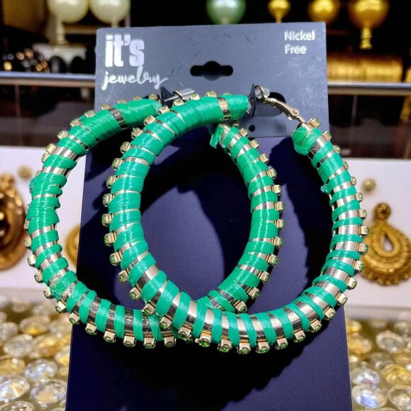 Green Rhinestone Hoop Earrings Y2K Statement Festival Retro - Picture 6 of 6